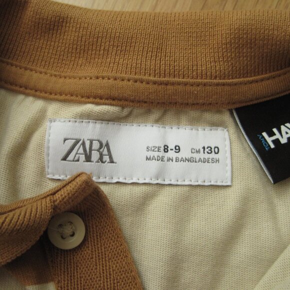 Zara Boys Tony Hawk Long Sleeve Polo Shirt Size 8-9 Brown Tan Stripe 100% Cotton - Picture 3 of 4